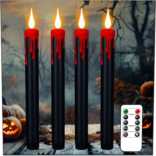 KunSwenn Halloween Black Flameless Taper Candles with Remote Timer, 4 Pcs Red Drip Wax LED Candlesticks with 3D Flickering Flame for Home Fall Indoor Halloween Decor(0.78 x 8.9 Inches)