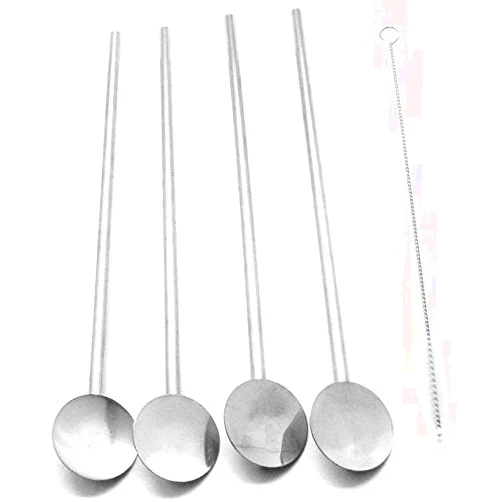CocoStraw 4 Spoon Straws Stirrer Stainless Steel 4 Pack + Cleaning Brush Drinking Straws Metal Reuseable Drinking Mixing Cocktail Eco Friendly Green