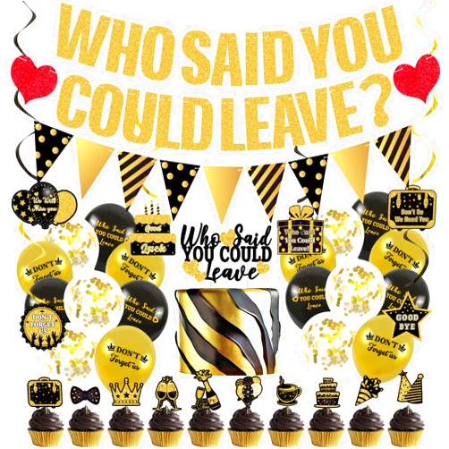 Miraitowa Farewell Party Decorations, Black Glitter Who Said You Could Leave Banner, Cake Toppers, Balloons, Hanging Swirls, Going Away Retirement Leaving Party Decorations for Men Women