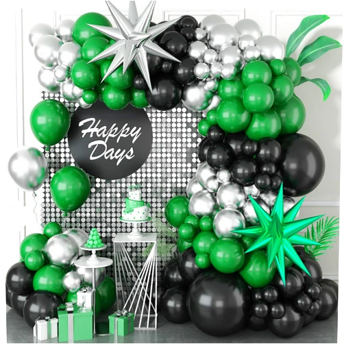 Paeyeq Black and Green Silver Balloon Arch Kit with Explosion Star Balloons, 105pcs Emerald Forst Green and Chrome Metallic Silver Balloons Garland for Wedding Birthday Football Graduation Party Decorations