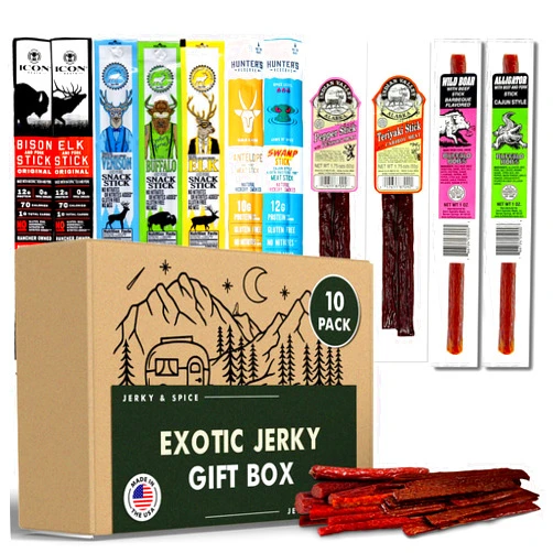 Jerky-n-Spice Exotic Jerky Beef Stick Gift Box | Beef Jerky Snacks Variety Pack for Adults | Exotic Snack Box Sampler | Gift Basket for Birthday & Any Occasions | Meat Bouquet Healthy Snacks | 10 Pack