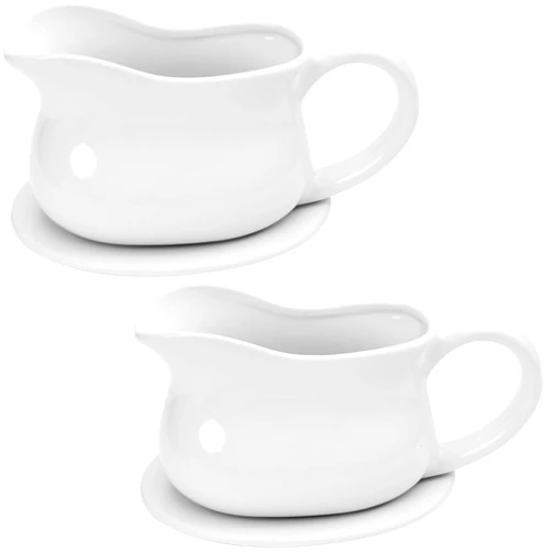 FEIOMKSS 2 Pack 17oz Ceramic Gravy Boat with Saucer Stand - Porcelain Gravy Boat with Dripless Lip Spout, Thanksgiving Serving Dish for Salad Dressings, Creamer, Warming Sauces, Microwave Safe