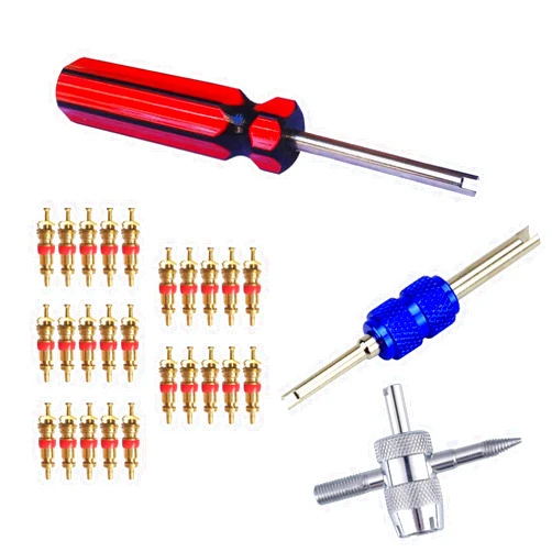 Febrytold 3 Pcs Tire Valve Core Remover Tools with 25 Pcs Brass Valve Stem Cores, 4-Way Valve Stem Core Tool, Dual & Single Head Tire Valve Core Remover Installer Tools