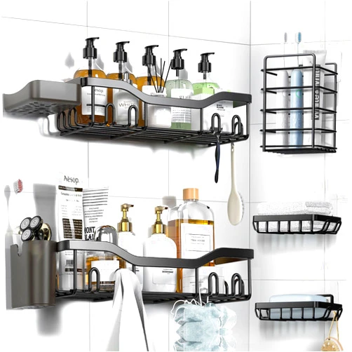 NESOMI Shower Caddy Adhesive Shower Organizer 7-Pack, Rustproof Stainless Steel Bathroom Shelves, Large Capacity No-Drill Rack Storage Accessories with Soap Dish Toothbrush Holder &24 Hooks Home Decor