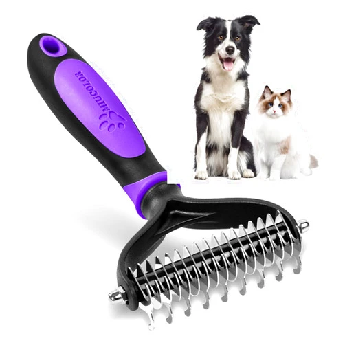 MIU COLOR Pet Grooming Brush, 2 Sided Undercoat Rake for Dogs & Cats, Professional Deshedding Brush and Dematting Tool, Effective Removing Knots, Mats, Tangles for Cats, Dogs, Extra Wide (Purple)