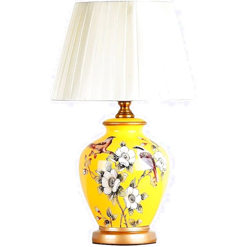 DJVHSRI American Yellow Finish Ceramic Table Lamp Hand-Painted Flower and Bird Chinoiserie with Fabric Lampshadetable Lamps,