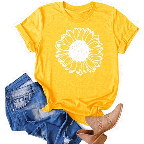 Generic Women's Cute Summer Tshirt Tops Sunflower Graphic Print Casual Loose Fit Tunic Tees Short Sleeve Plus Size Blouses