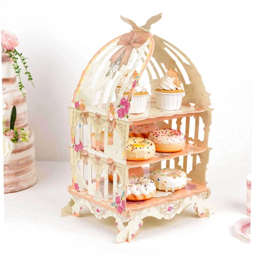 Efavormart.com Efavormart 3 Tier White Peach Birdcage Cardboard Cupcake Stand with Floral Print, Cake Display Dessert Holder - 18
