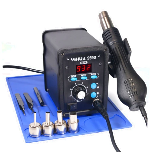 YIHUA 959D-Digital Hot Air Rework Station, High Power with 3 Memories, Airflow Efficiency, °F /°C Display, Accurate Temp.(212°F~932°F), Brushed Aluminum Panel & Safety Features