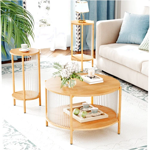 Yechen 3-Piece Boho Coffee Table Set with Hand-Woven Natural Rope, 2 Tier Wooden Round Coffee Table and End Table Sets with Metal Frame, Side Table with Storage for Living Room, Bedroom