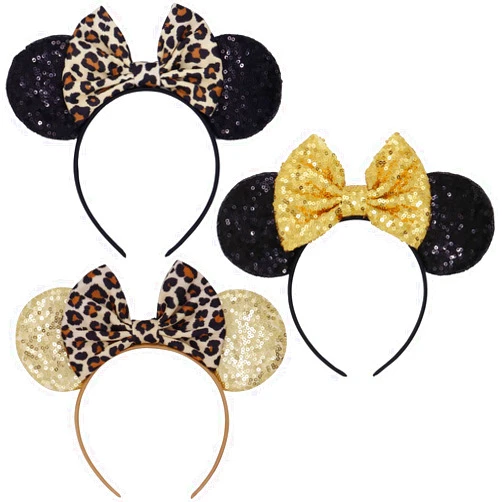 LIHELEI Minnie Ears Mouse Ears Headband with Leopard Bows, Party Decoration Headbands for Halloween Costume, Headwear Hair Accessories for Women Girls-3 PCS A
