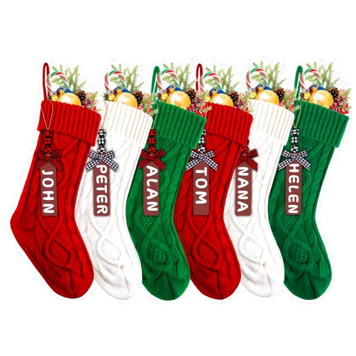 XIMISHOP 6PACK Christmas Stockings,18Inches Large Cable Knitted Stocking Personalized Xmas Hanging Stocking Decorations with Name Tags for Holiday Christmas Party Family Decor (Red White Green)