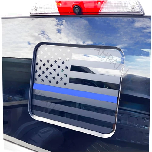 AHPATLJ Rear Middle Window American Flag Decal for Ford F150 F250 F350 2015-2023 Black USA Flag Vinyl Stickers Fits Back Centre Sliding Window Glass,Precut and Waterproof(Thin Blue Line)