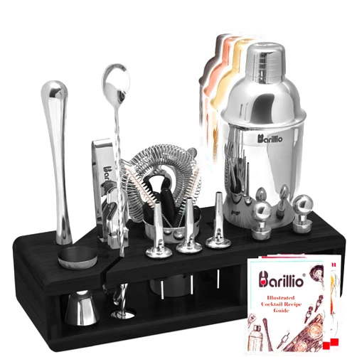 Barillio Silver Bartender Kit - Stainless-Steel Cocktail Shaker Set w/Black Bamboo Stand - Mixology Bar Tools w/Drink Shaker, Mixer & Muddler for Cocktails - Home Bar Accessories - 23-Pc Bar Set