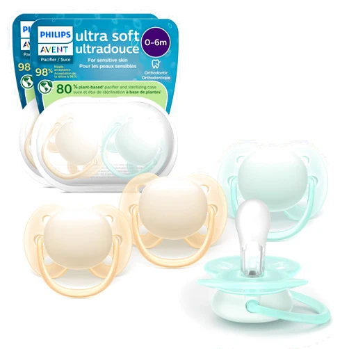 Philips Avent Ultra Soft Pacifiers - Orthodontic Design, for Babies 0-6 Months, Flexible Shield, Silicone Symmetrical Nipple, BPA-Free, 2 Sterilizing Cases, 4 Pack, SCF091/48