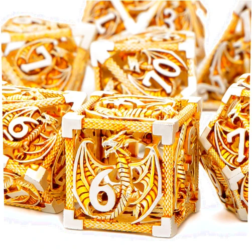 KERWELLSI Metal Polyhedral Dice Set with Box, 7 Piece Dungeons and Dragons Dice Set D&D, Hollow DND Dice Set, Gold RPG Role Playing Dice D20 D12 D10 D8 D6 D4, D and D Dice Set