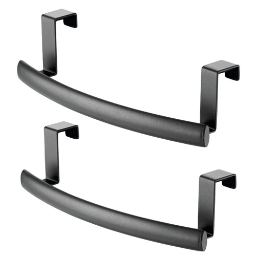 mDesign Steel Over Door Curved Towel Bar Storage, Hanger for Cabinet or Cupboard, Holder Rack for Kitchen, Bathroom - Holds Hand/Dish Towels, Washcloths - Spira Collection - 2 Pack - Black