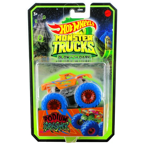 Hot Wheels 2022 Monster Trucks 1:64 Scale Diecast Glow in The Dark Podium Crasher, Orange with Blue Wheels