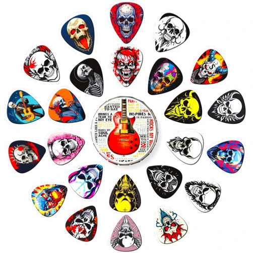 GUEXIWEI Guitar Picks Skull, 24 Pack Guitar Pick 0.46 0.71 0.96 1.20mm Thin, Medium, Heavy Guitar Pics,Guitar Pick Variety Pack,Skeleton Guitar Picks for Acoustic Electric Guitars Bass (Set -9)