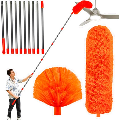Tockrop 20 Feet High Reach Duster Kit with 2-14 ft Extension Pole, Cobweb & Corner Brush Cleaning Duster Kit for Cleaning, Microfiber Feather Duster Cleaner with Washable Head for Ceiling Fan, Furniture, Home