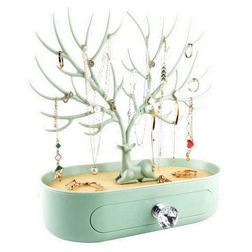 MORE&LESS Antlers Jewelry Display Stand with Drawer and Crystal Handle, Tree Tower Rack Hanging Organizer for Ring Earrings Necklace Bracelet