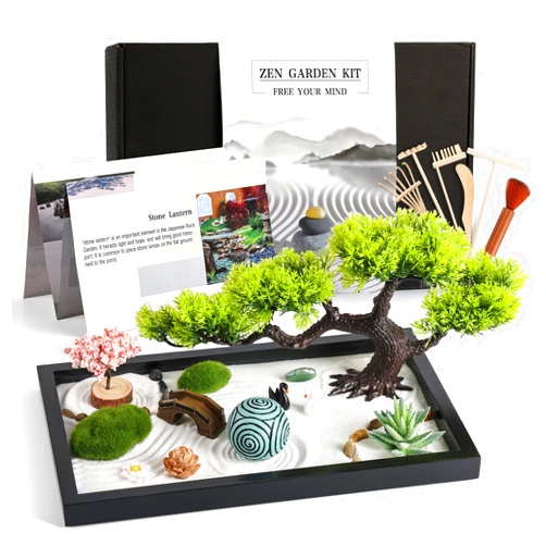 Thaibear Zen Garden Kit for Desk Decor - Premium Beautiful Japanese Mini Zen Sand Garden Box Set for Home, Office with Black Wooden Tray, White Sand, Tools, Sandball - Desktop Meditation, Accessories