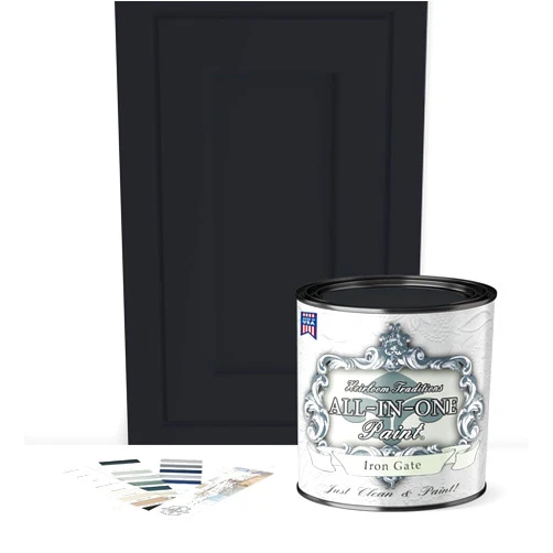 Heirloom Traditions Paint ALL-IN-ONE Paint, Durable cabinet and furniture paint. Built in primer and top coat, no sanding needed. Includes our 30 featured color card - Iron Gate (black), Quart