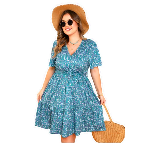 Stciqok Plus Size Dresses for Curvy Women, Floral Sleeves Tiered Layers Casual Dresses,Summer Mini Dress with Empire Waist and Pocket