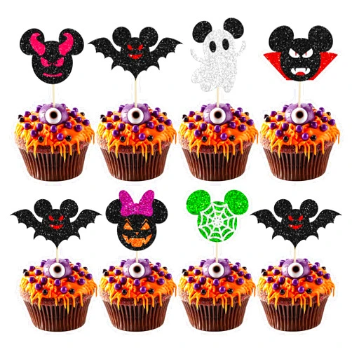 Ephlyn 24Pcs Mini Mouse Inspired Happy Halloween Cupcake Toppers Glitter Halloween Cupcake Picks Bat Pumpkin Ghost Cupcake Decorations for Halloween Theme Baby Shower Birthday Party Cake Supplies