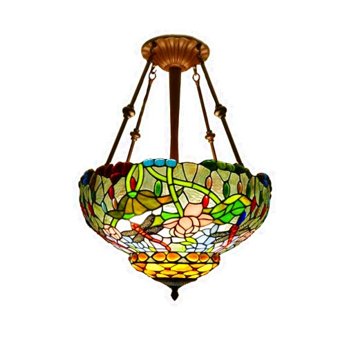 GDLight Tiffany Style Dragonfly Pendant Lights Pastoral Lotus Stained Glass Pendant Lamp 18 Inch Handmade Hanging Lights for Bedroom Dining Room Living Room Cafe Bar,B