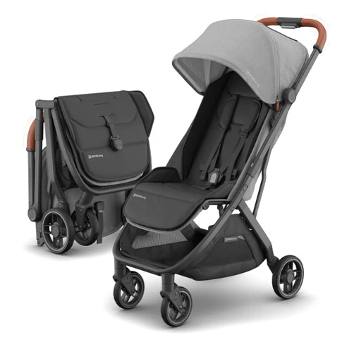 UPPAbaby Minu V3 Travel Stroller | Lightweight + Compact Design | One-Hand Fold + Unfold | from Birth + Overhead Compatible | Greyson (Charcoal Mélange/Carbon Frame/Saddle Leather)