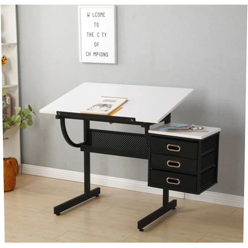 Yalauk Adjustable Drafting Table, with Stool and 3 Drawers, White