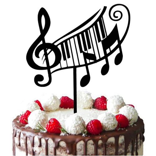 IEBQ Cake Topper Music Notes Black Acrylic Piano Music Theme Cake Toppers Happy Birthday Party Cake Decorations Party Supplies