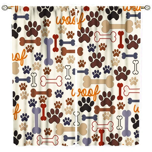 SXXLDNG Dog Paw Print Blackout Curtains, Cartoon Dog Paw Print and Bones Window Treatment Thermal Insulated Curtain for Living Room Bedroom 2 Panels Set, 42x45 inch