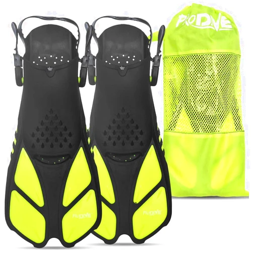 PRODIVE Snorkel and Swim Fins – Adjustable Open-Heel, Short-Blade Snorkeling and Diving Flippers Add Efficiency to Swimming and Diving – Sizes to Fit Men, Women and Kids – Compact and Great for Travel