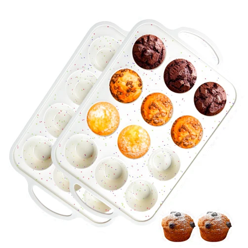 Fimary Silicone Muffin Pan with Metal Reinforced Frame - Non-Stick 12 Cups Muffin Pan for Homemade Making Muffin Cakes, Tart, Bread, Oven and Dishwasher Safe - Cream with Rainbow Dots Set of 2