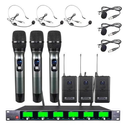 Tbaxo 6 Channel Microphone Wireless Microphone System UHF 3 Handheld Mic 3 Headset 3 Lavalier Bodypack 3 Lapel Mic Karaoke System Church Speaking Conference Wedding Party Frequency A School