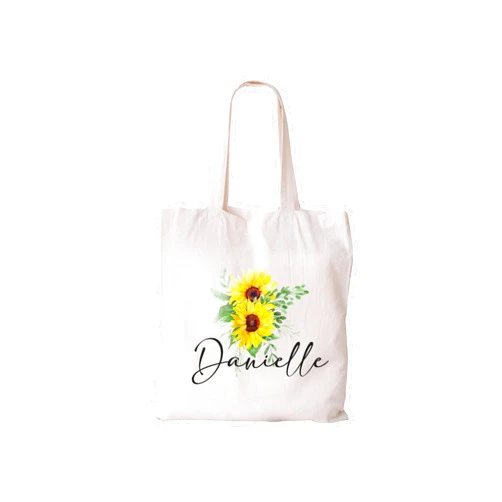 Handmade Personalized Sunflower Wedding Tote Bag with Custom Name, Floral Design Cotton Reusable Bag, Custom Gift for Bridesmaids, Women, Eco-Friendly Sunflower Canvas Bag, Customized Floral Wedding Gift Bag for Everyday Use