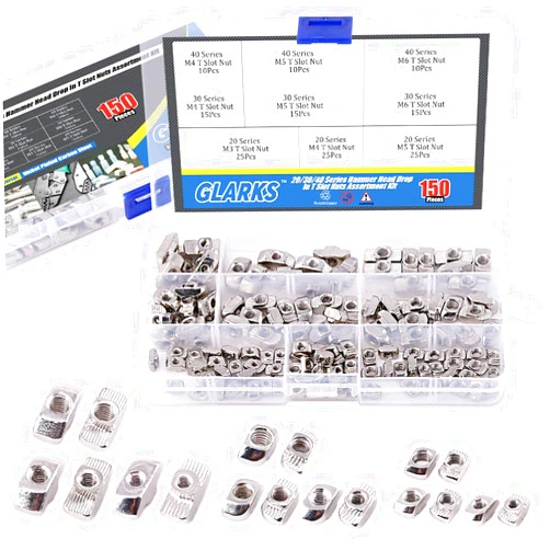 Glarks 150Pcs European M3 M4 M5 M6 Hammer Head Drop in T Nut Slot Assortment Kit for 20/30/40 Series Aluminum Profile - Nickel Plated Carbon Steel