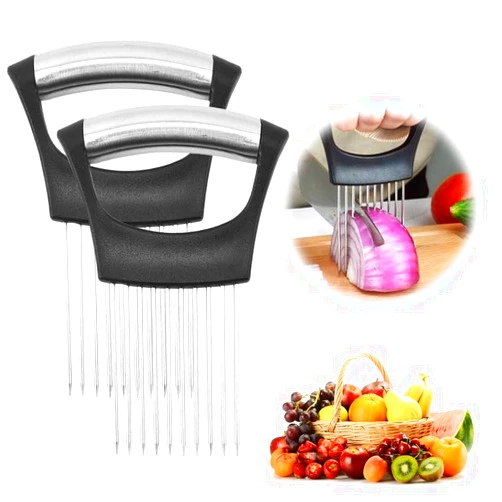 Kruggo 2024 Upgraded Onion Holder for Slicing, New Stainless Steel Onion Slice Holder Lemon Slicer Vegetable Cutter, Kitchen Chopper Slicing Assistant Tool for Meat, Onion, Potato, Tomato (2 Pack)