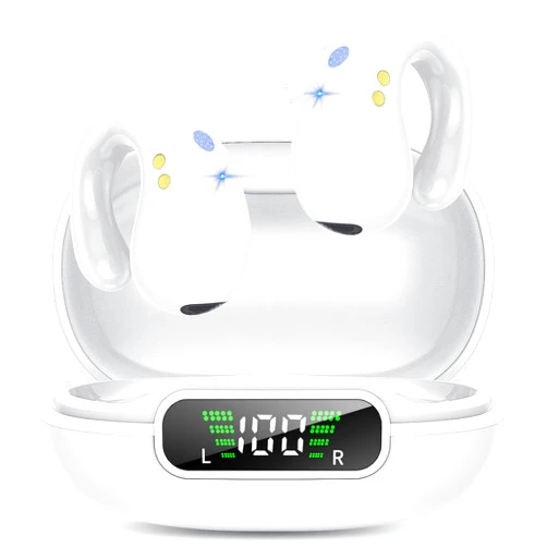 EUQQ Open Ear Clip on Headphones, Wireless Earbuds Bluetooth 5.3 Sport Earphones Built-in Mic with Ear Hooks 36H Playtime Ear Buds LED Display Charging Case, Waterproof Design for Running Fitness, White