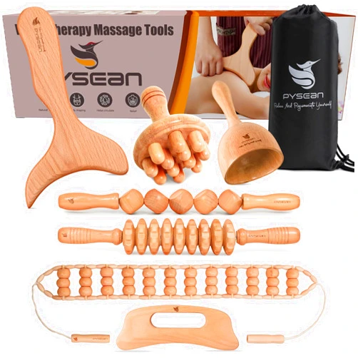 PYSEAN Wooden Massage Tool Set, 7-Piece Body Massage Kit for Home Use, Manual Included