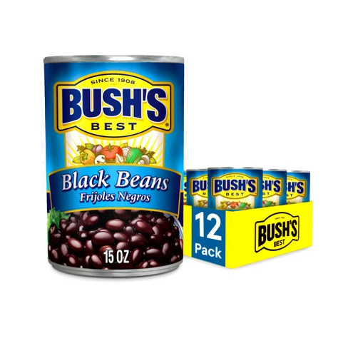 BUSH'S BEST 15 oz Canned Black Beans, Source of Plant Based Protein and Fiber, Low Fat, Gluten Free, (Pack of 12)