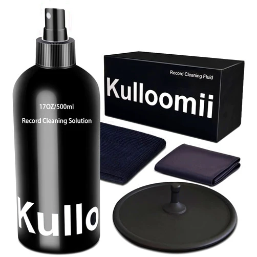 Kulloomii Vinyl Record Cleaner Solution 17oz/500ml, 4Pcs Vinyl Record Cleaning Kit, Record Cleaning Fluid Spray & Label Protector & Microfiber Cloth & Protector Pad, Record Player Cleaning Kit for LP Album