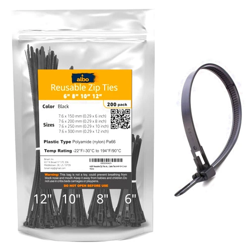 ALBO Black Reusable Zip Ties Assorted Sizes 200 Pack (6+8+10+12 Inch) Heavy Duty Releasable Cable Ties UV Resistant Nylon Tie Wraps