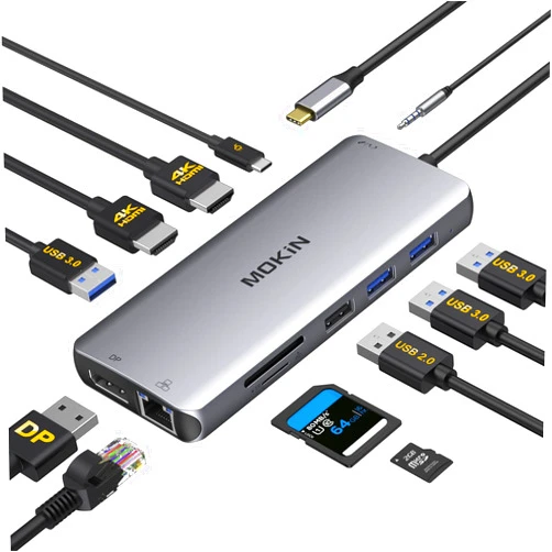 MOKiN USB C Docking Station Dual Monitor,MOKiN Triple Display USB C Hub with 2 HDMI, DisplayPort, 100W PD, 4*USB,Gigabit Ethernet,SD/TF,Audio Port,USB C Hub Multiport Adapter for HP/Dell/Lenovo/Surface