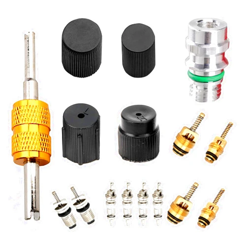 Icykale 16 PCS Automobile Air Conditioning Valve Core Kit, Valve Core Wrench A/C System Port Seal Cover Repair Accessories, Air Conditioning Pipeline Valve Core Seat, Universal for Cars (Black)