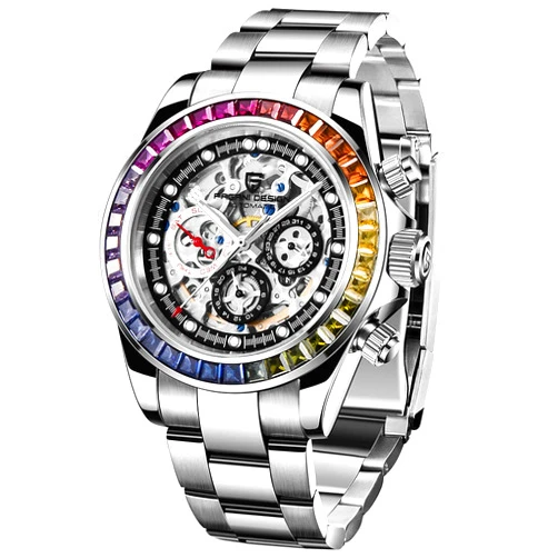 TYBERLEY Pagani Design Luxury Men's Automatic Mechanical Watch Jewel Rainbow Bezel Skeleton Dial Stainless Steel 100M Waterproof Luminous Multifunctional Sport Chronograph Watches