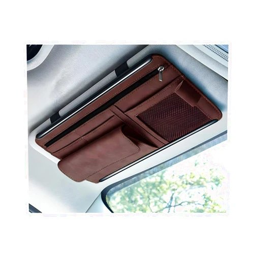 Yourkar Car Sun Visor Organizer, Soft Leather Surface Eyeglasses Note Card Holder Car Storage Bag, Scratch-Resistant Waterproof Auto Sunshade Organizer Bag, Car Accessories (Brown)