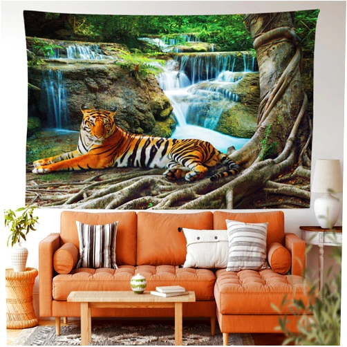 Lunarable Savannah Tapestry King Size, Indochina Tiger Laying Under Banyan Tree Against Limestone Waterfall Nature, Wall Hanging Bedspread Bed Cover Wall Decor, King Size, Green